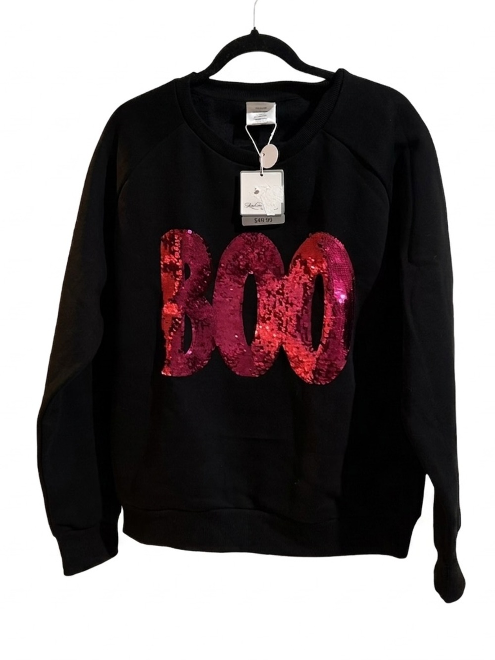 BOO Fashion by Mirabeau Sweater, NWT, Black w/ Pink Sequin Lettering